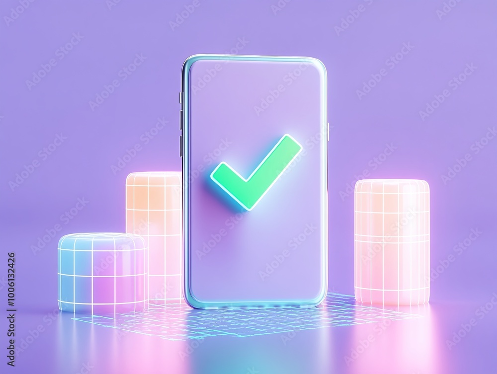 Poster modern smartphone display with a checkmark on a vibrant purple background surrounded by glowing 3d g