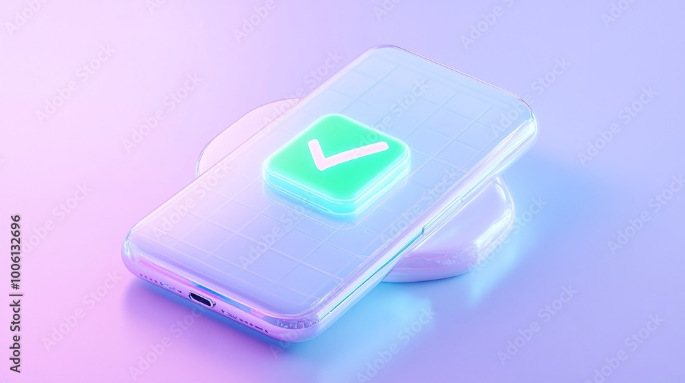Poster modern smartphone with a glowing check mark on a charging pad against a gradient background.