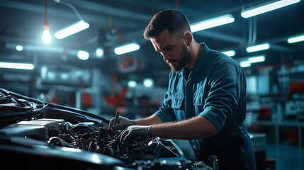 The back of a mechanic carefully adjusting the car engine, illuminated by hanging lights in a contemporary repair shop, emphasizing precision and dedication.