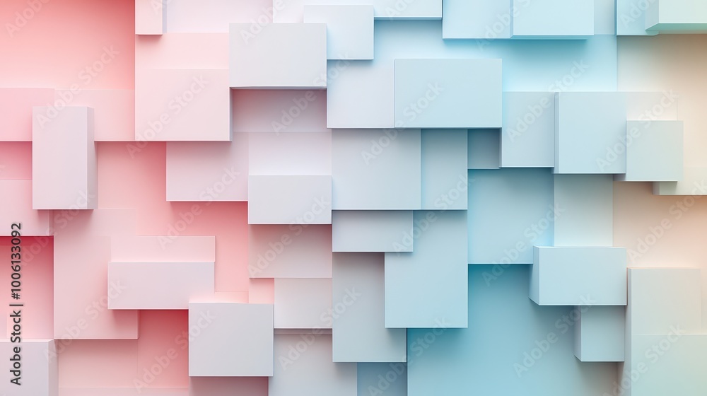 Poster overlapping rectangles in soft pastel shades forming an abstract grid, with subtle shadows and gradi