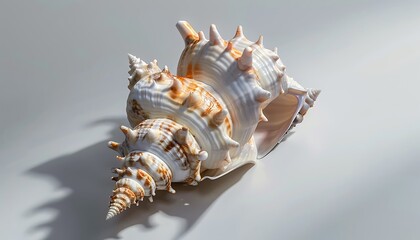 Obraz premium A single seashell with intricate textures and colors placed on a clean white background casting a soft shadow