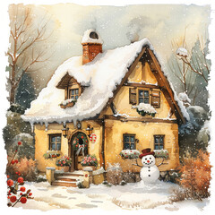 Naklejka premium A snow-covered house is decorated for the Christmas holidays, with a snowman standing next to it. There is a pleasant atmosphere around.