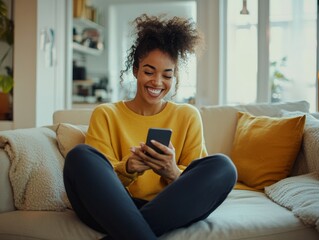 Obraz premium 2408 58.A happy young woman sits cross-legged on her couch, her phone in hand, as she laughs at something on her screen. The living room around her is modern and comfortable, with soft furnishings