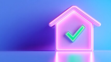 Neon house symbol with a check mark, digital design on a vibrant blue background.