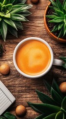 Fototapeta premium An overhead flat lay shot of a modern workspace setup on a rustic wooden desk.