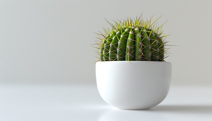 A small cactus with vibrant green spikes sitting in a white pot on a clean white surface with detailed textures