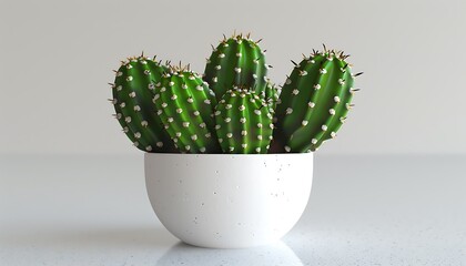 A small cactus with vibrant green spikes sitting in a white pot on a clean white surface with detailed textures