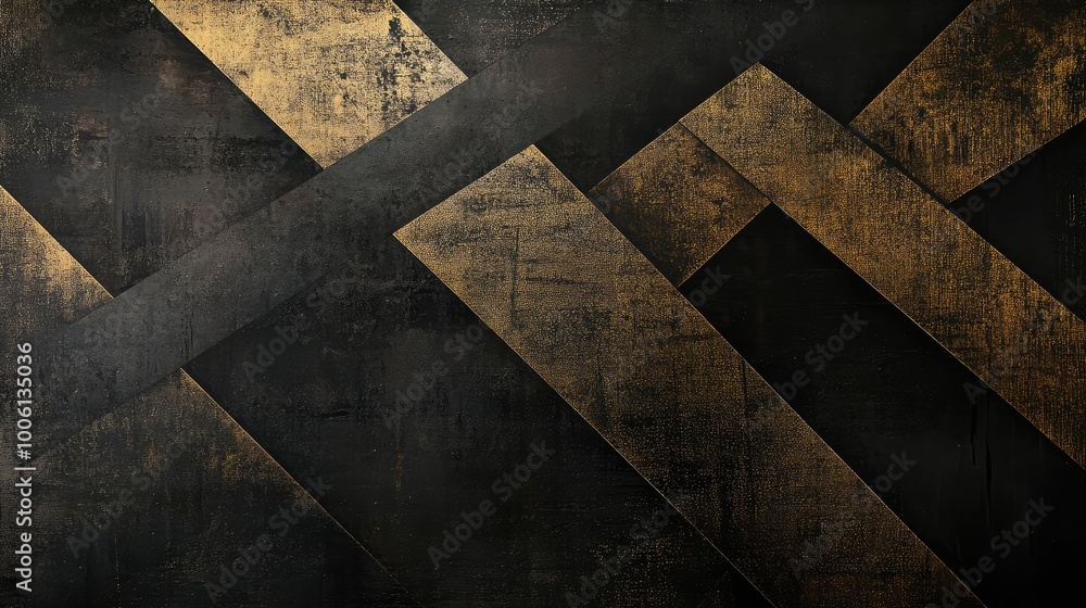 Poster sharp, angular lines in black and gold intersecting on a dark background, creating a sleek, modern a