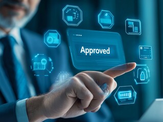2408 89.A close-up of a businessman tapping a virtual screen with an "Approved" payment button. Around the screen, there are digital icons representing financial transactions, credit cards, and