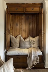 Cozy Wooden Alcove Bed with Cushions and Throw Blanket