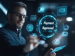 2408 90.A businessman interacts with a virtual screen, pressing a glowing "Payment Approved" button. Surrounding him are digital marketing icons, credit card symbols, and network connectivity