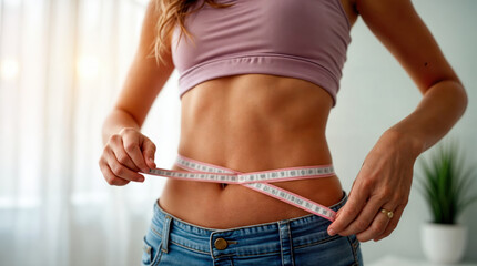 Fit woman measuring waist with tape measure, wearing pink sports bra and jeans, focusing on weight loss progress in sunlit home environment