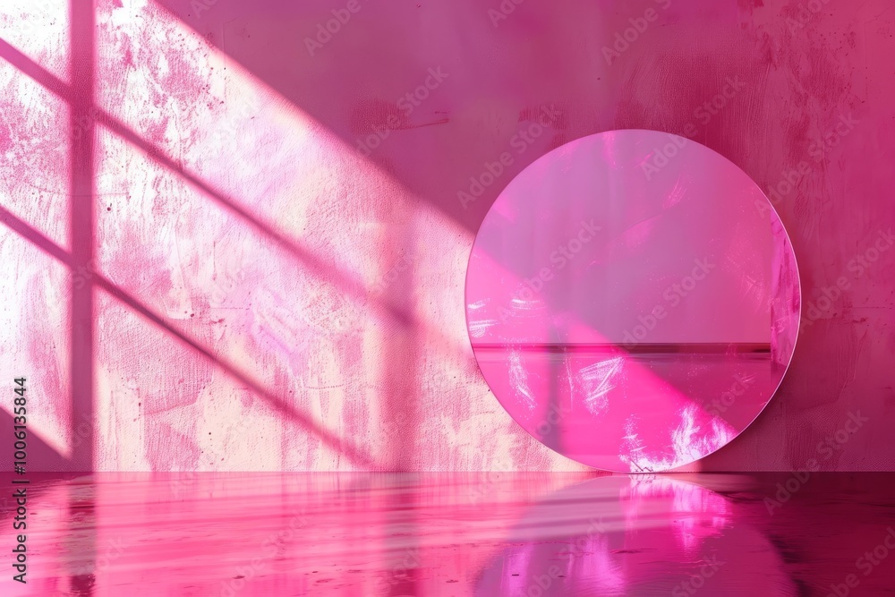 Poster a vibrant pink reflection in a minimalist room with sunlight casting beautiful shadows and highlight