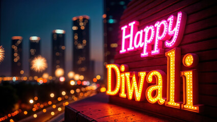 Vibrant "Happy Diwali" neon sign illuminates urban nightscape, celebrating Indian festival of lights against glowing cityscape backdrop