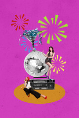 Fototapeta premium Vertical collage poster young woman dance party festive event disco music audio player boombox listen playlist album carefree chill rest