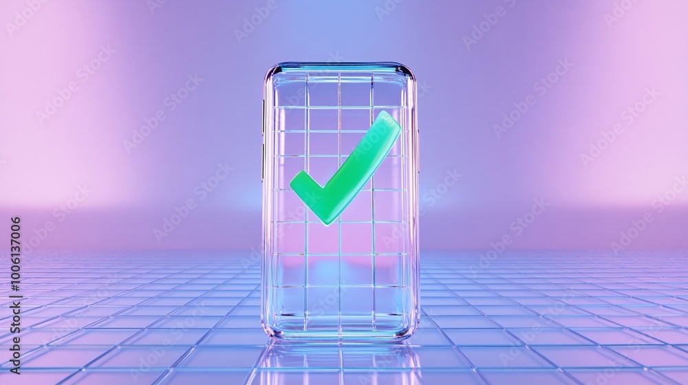Poster stylish digital phone with a check mark, representing validation and success, isolated on a vibrant 