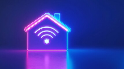 Stylish neon house symbol with WiFi signal, illuminated against a dark blue background for modern home connectivity concepts.