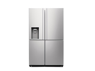 a silver refrigerator with a door and a water dispenser