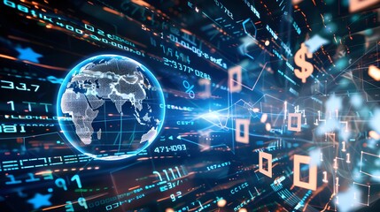 A digital illustration of a globe with abstract symbols and numbers representing global finance and technology.