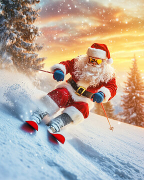 Santa skiing down a steep slope at sunset with magical golden light and a holiday atmosphere