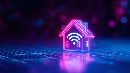 Stylized digital home icon with WiFi signal, neon colors against dark background representing smart home concept.