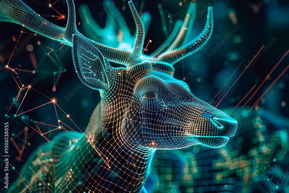 Poster a glowing digital representation of a deer surrounded by vibrant geometric patterns and a mystical a