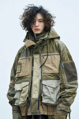 Stylish Young Man with Curly Hair in Trendy Green Parka