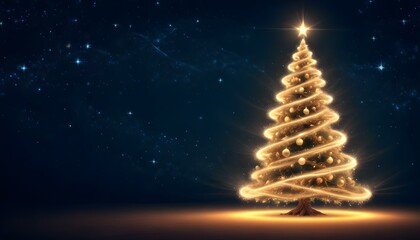 Glowing gold Christmas tree with copy space against a starry night sky background