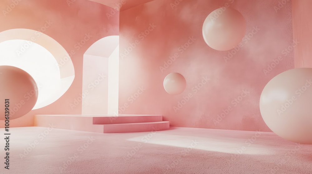 Poster soft pastel shapes floating in a minimalistic space, creating a light, airy abstract background.