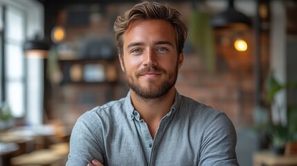 Fototapeta premium Confident Young Man Smiling. Manager of Crowdfunding and Crowdinvesting Platforms