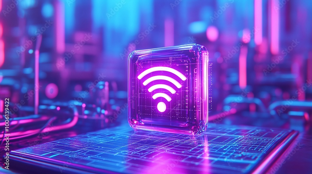 Poster wireless signal icon displayed on a futuristic circuit board with colorful lighting.