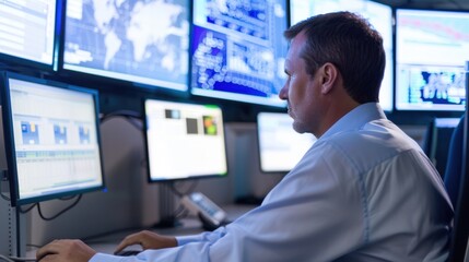 Professional Male Analyst Working in High-Tech Control Room