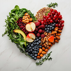 Heart-shaped composition of fresh fruits, vegetables, nuts, and whole grains on light background symbolizing healthy eating and heart health
