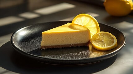 Lemon cheesecake slice on a dark ceramic plate, garnished with fresh lemon slices and lemon zest, creamy texture and vibrant yellow hues illuminated by soft lighting, high-contrast background,