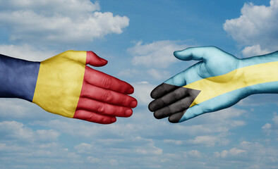 Bahamas and Romania country handshaking with flags, consensus concept international co-operation illustration