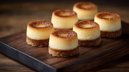 Mini cheesecake bites arranged on a dark wooden board, one bite showing the creamy filling inside, soft side lighting highlighting textures, rich shadows creating depth,