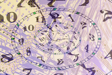 Abstract illustrauion of a circuit and clock set for 5 am 