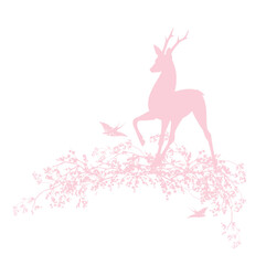 wild deer standing among blooming cherry tree branches and flying swallow birds - spring season fairy tale nature silhouette vector design