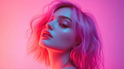 Obraz premium Pink-haired woman on pink background