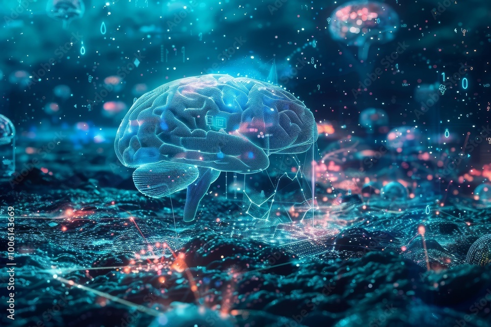 Poster a vibrant digital representation of a human brain illuminated by swirling data streams amidst a cosm