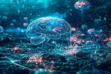 A vibrant digital representation of a human brain illuminated by swirling data streams amidst a cosmic landscape. Generative AI