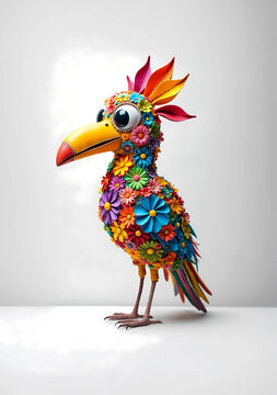 This is a close-up image of a colorful bird with a large beak and vibrant feathers, set against a white background.
