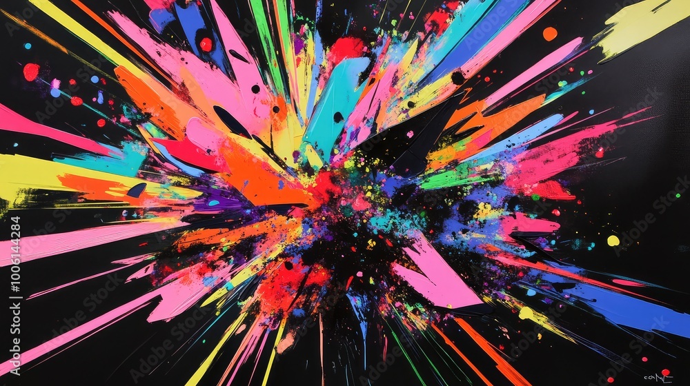 Poster a burst of bright, angular shapes in neon colors exploding outward from the center, creating a high-