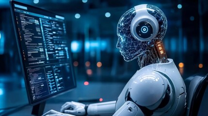 A human employee working at a desk while an AI supervisor watches over from a large screen, issuing instructions and managing tasks, illustrating the shift in workplace dynamics