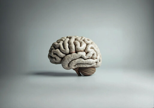 The image features a detailed 3D rendering of a human brain, presented in a realistic and lifelike manner.