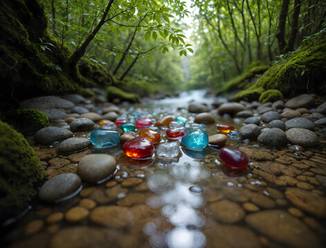 The image shows a clear stream flowing through a forest, surrounded by colorful glass beads.