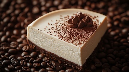 Overhead shot of a cappuccino-flavored cheesecake slice surrounded by coffee beans, creamy texture in focus, warm lighting creating depth, coffee beans adding texture and visual interest,