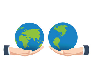Color vector illustration in flat design style, hands holding  Earth globe. World icons isolated on white background, copy space