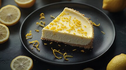 Overhead shot of a lemon cheesecake slice on a black ceramic plate, surrounded by lemon zest and fresh lemon slices, vibrant yellow hues contrasting with the dark plate, creamy texture in sharp focus,