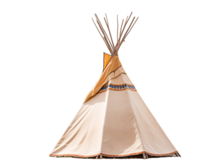 a white tent with blue and orange stripes